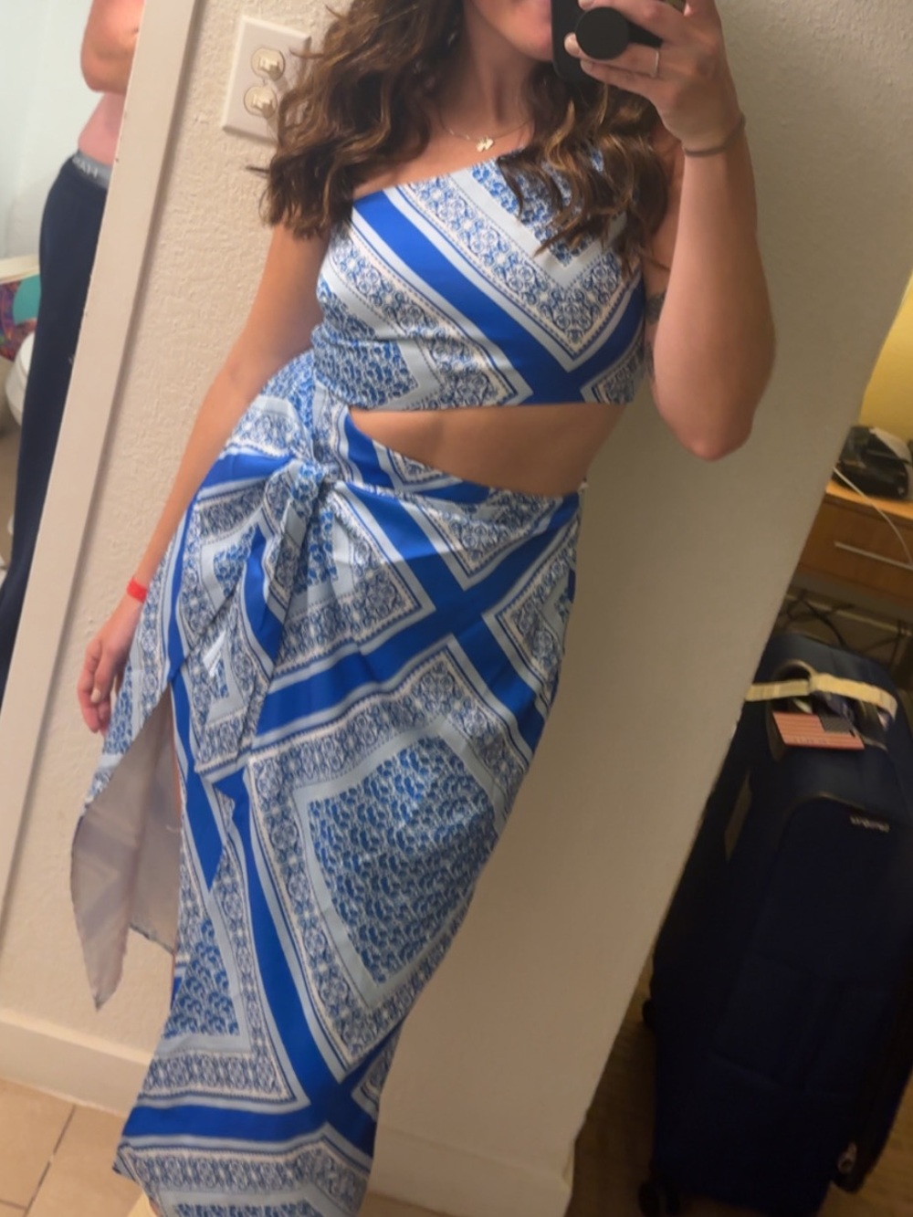 Lulu's Blue and White Asymmetrical Cutout Maxi Dress